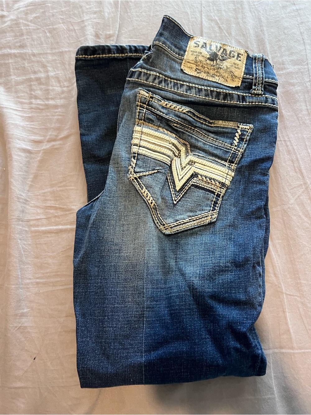 Salvage Men’s Blue Bootcut Jeans with White Pocket Embroidery - Picture 6 of 6